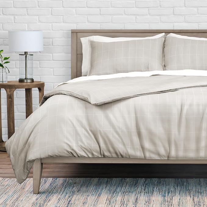 Bare Home Duvet Cover Set 1800 Ultra-Soft (King, Grid - Stone/White) | Lightweight, Cooling, Breathable, Premium 1800 Ultra-Soft, All-Season