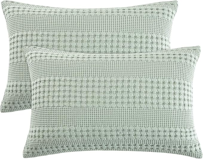 PHF 100% Cotton Waffle Pillow Shams King Size, 2 Pack 20" x 36" Soft Skin-Friendly Pillowcases, No Filling, Aesthetic Woven and Breathable Waffle Weave Pillow Case Covers for Bed, Mint Green