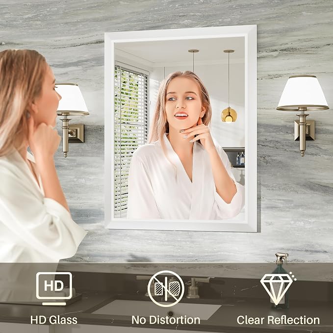 Bathroom Wall Mirror, White Metal Frame, 36x30 Inch | Anti-rust, HD tempered glass, for bathroom vanity, bedroom, living room, horizontal or vertical mount