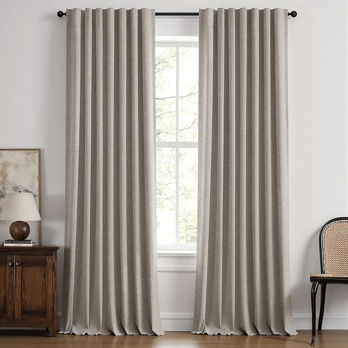 MIULEE 100% Blackout Linen Curtains for Bedroom 42 x 96 Inch Greige 2 Panel | Thermal Insulated, Room Darkening Drapes for Living Room, Back Tab Rod Pocket Pinch Pleated, Solid Luxury Decor