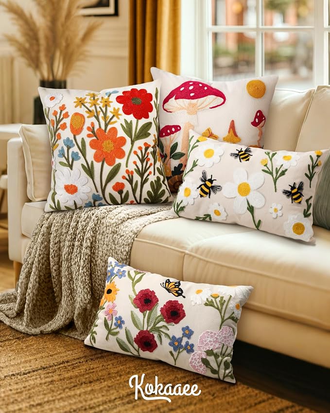 Embroidered Throw Pillow Cover 20x20 Inch, Flower Cluster | Decorative Pillow Cover, Floral Farmhouse Cushion Case with Hidden Zipper, Home Decor for Couch, Sofa, Living Room, Bedroom