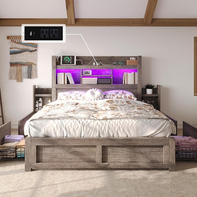 LUXOAK Full Bed Frame with Storage, Bookcase Headboard,Grey | 49.6" Headboard, Wood Platform Bed, Charging Station, Bedside Storage, 4 Storage Drawers, No Box Spring Needed, Farmhouse