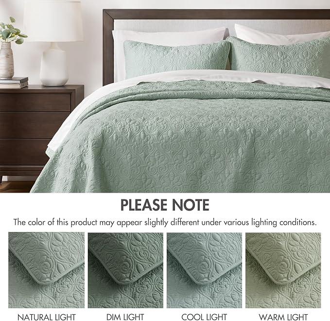 Madison Park Luxurious Cotton Damask Quilt Set, 3PC Full/Queen Bed Set | All Season, Lightweight Stitching Coverlet Bedspread Bedding Stitching with Shams, Seafoam