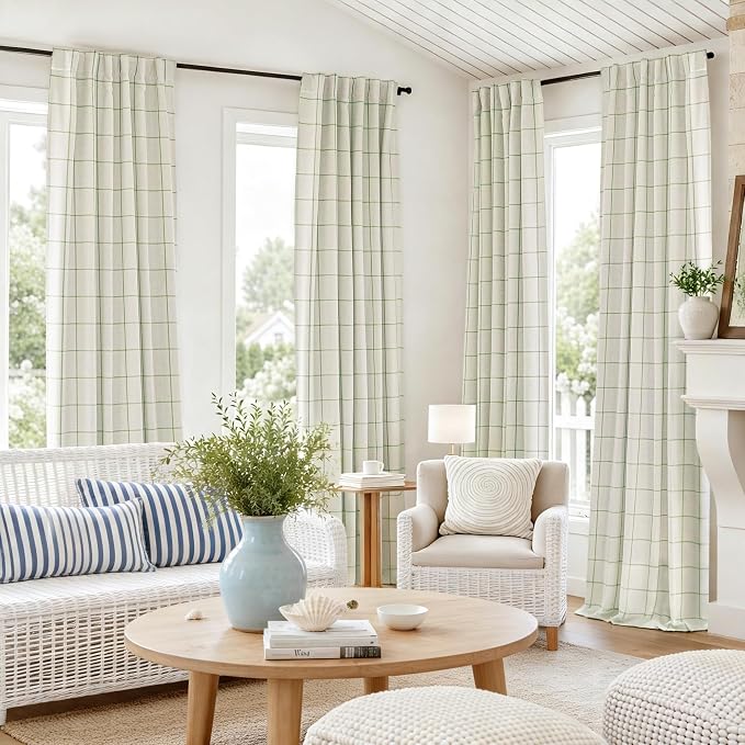 DriftAway 100% Blackout Plaid Linen Curtains W52xL63 Loden Green | 100% Blackout, Linen Texture, Plaid Pattern, Two Layers, Rod Pocket & Back Tab, Bedroom Living Room Use, Luxury Appearance