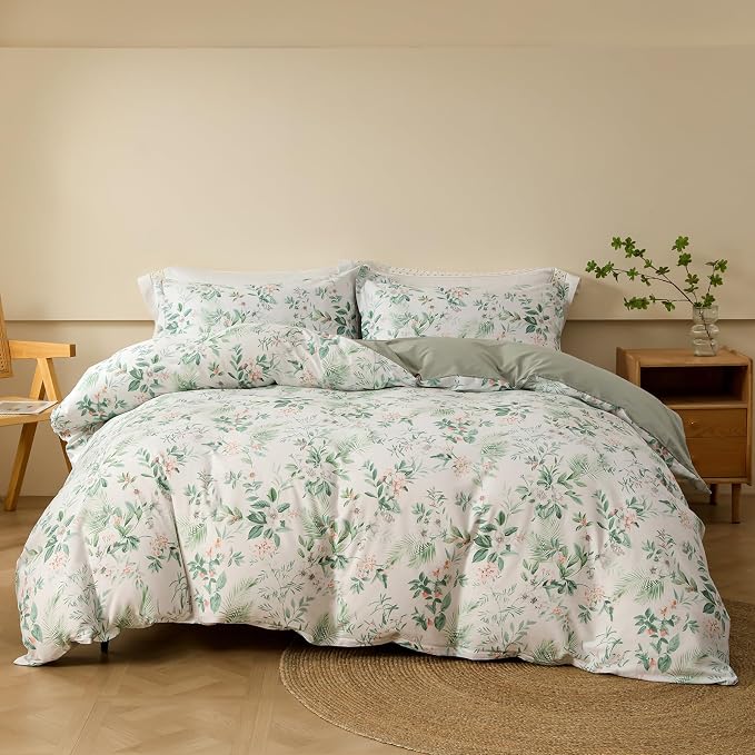 OAITE Queen Duvet Cover Set 3pcs 100% Cotton with Green Botanical Floral | Soft, Breathable,Long-lasting,Comfort,Hidden Zipper,8 Corner Ties,Easy Care for All Season