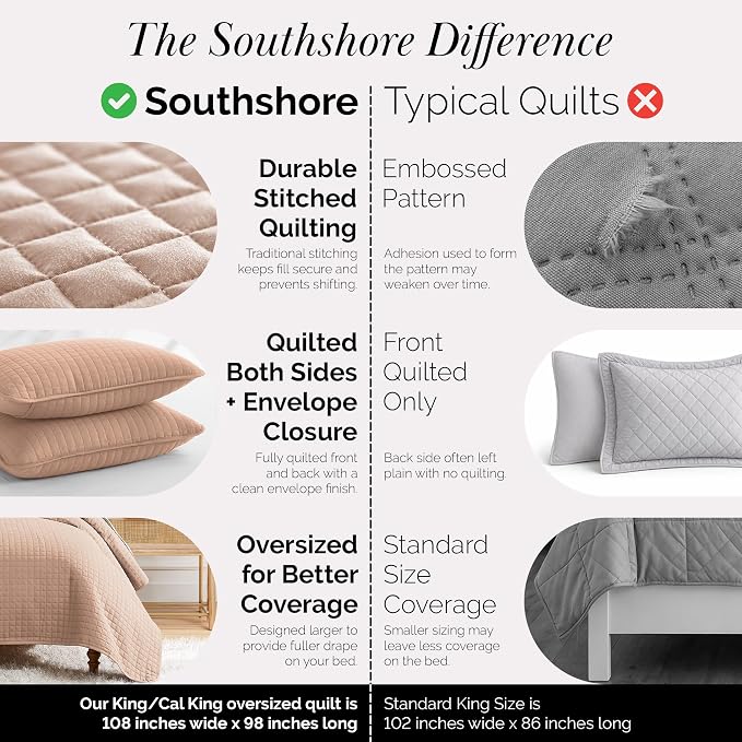 Southshore Fine Living, Inc. Oversized King Quilt Set, Stitched Blush Pink Quilt Bedspread, 2 Matching Pillow Shams, Machine Washable Cal/King Quilts, Hotel Quality Bedding, Cozy Coverlet, Blush