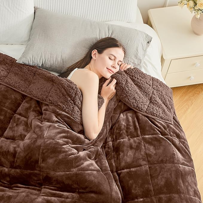 Cottonblue Fleece Weighted Blanket for Adults 15lbs Queen Size 60x80in Soft | Cozy Flannel Sherpa Weighted Blanket Throw for Calm Sleep Relax, Warm Shaggy Bed Sofa Couch Heavy Blanket, Chocolate Brown