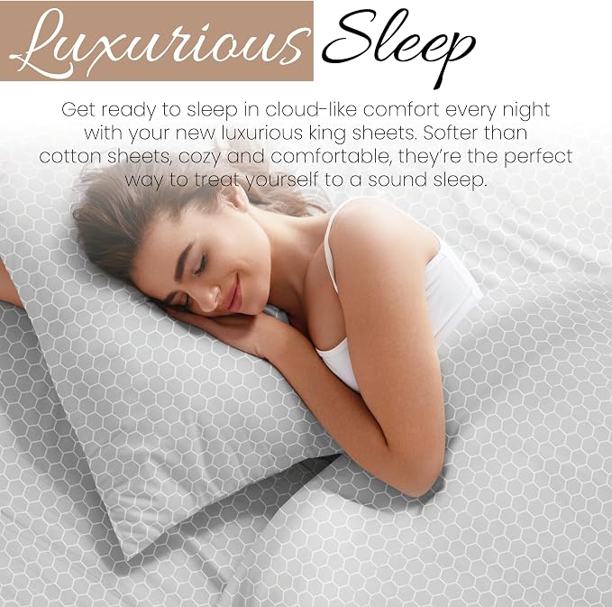 Linen Market 4 Piece King Sheet Set - Breathable, Double-Brushed Patterned Cooling Sheets – Oeko-TEX Certified Ultra Soft & Wrinkle-Free 16" Deep-Pocket King Sheets - Easy Care Honeycomb Light Gray