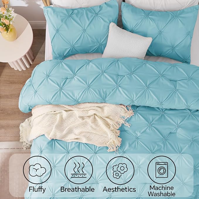 BEDELITE King Comforter Set Macaron Blue,Lightweight & Soft Comforter | Pintuck Boho Bedding, Warm & Cute Bed Set for All Season,With 2 Pillowcases