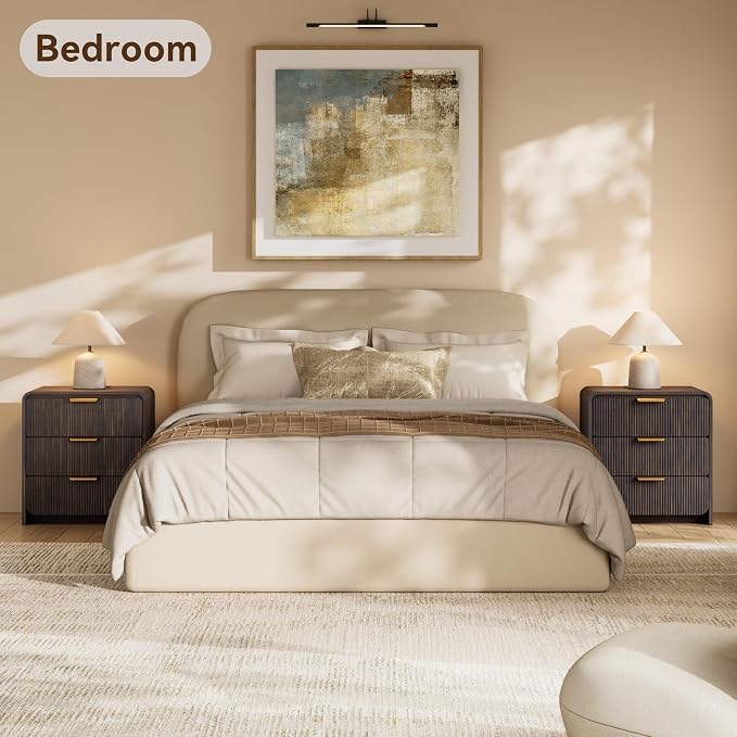 24" 3 Drawers Fluted Nightstand, Black Walnut | 3 Drawers Bedside Table, Metal Handles & Charging Station, Curved Profile End Table for Bedroom