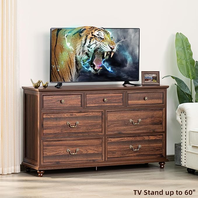 Joaxswe Farmhouse 54" 7 Drawers Dresser for Bedroom, Vintage Wood Chest of Drawers w/ 4 Wooden Legs, Wide Closet Storage Dressers Organizer for Hallway, Rustic Large TV Stand for Living Room, Brown