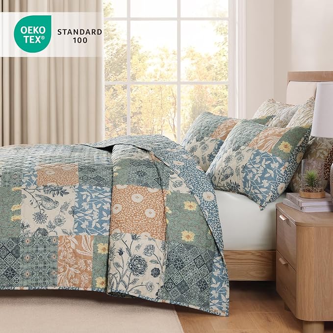 Quilts Queen Size-3 Pieces Soft Queen Bedspread Floral Patchwork Quilt | Lightweight Green Quilt, Reversible Vintage Floral Bedding Set, All Seasons Bed Coverlet with 2 Pillow Shams, 90"x94"