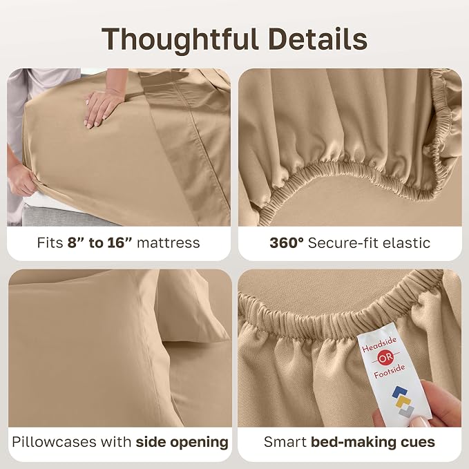 California Design Den Luxury 600 Thread Count Queen Bedsheets, Golden Tan | 100% Cotton Sateen Backed by Good Housekeeping Seal, Soft & Smooth, 16" Deep Pocket, All-Around Elastic, Easy Care, 4 Pc Set