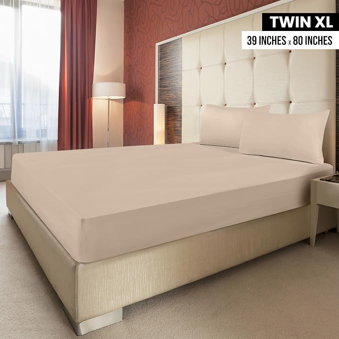 Pack of 2 Twin XL Fitted Sheet, Fits Up to 16 Inch Deep Pocket, Beige | Hotel Comfort, Cooling & Breathable Cotton like Polyester, Easy Fit, Wrinkle & Fade Resistant, Snug Fit, Easy Care, Oeko-Tex