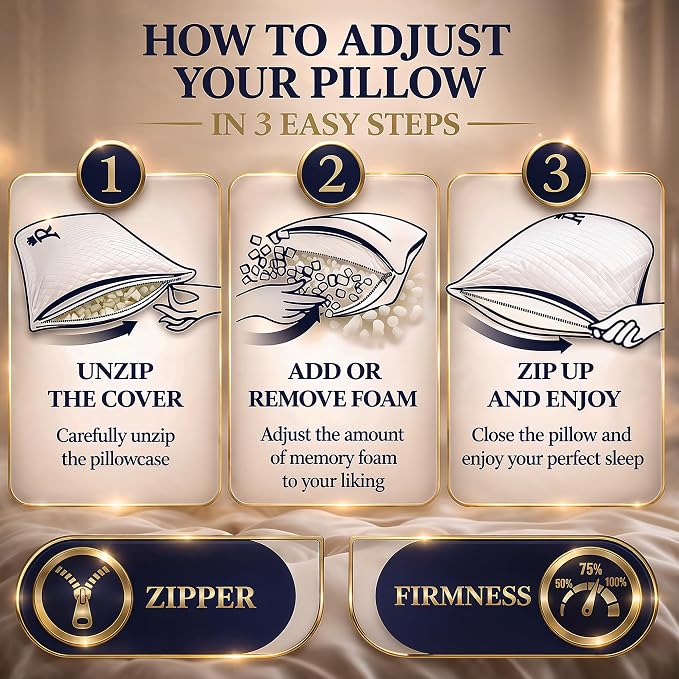 Royal Therapy King Size Set of 4- Shredded Memory Foam Pillow–Adjustable Memory Foam Pillow for Sleeping, Firm Pillow for Neck & Shoulder Support, Breathable Bed Pillow for Back Stomach Side Sleepers
