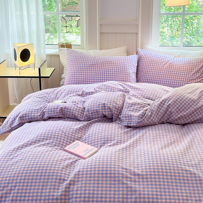 LifeTB Purple Gingham Comforter Set King Modern Plaid Checkered Pattern Comforter Soft Gingham Bedding Set Lightweight Purple Pink Grid Plaid Bedding Comforter Fluffy Checkered Comforter Set