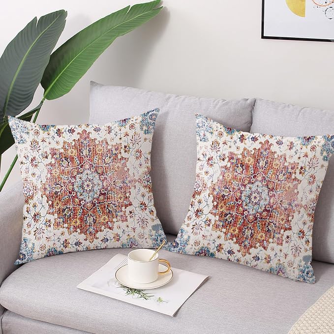 Outdoor Waterproof Pillow Covers - 18 X 18 Inch Set of 2 Blue Orange Bohemian Vintage Carpet Pattern Decorative Farmhouse Pillow Covers for Couch Garden Balcony