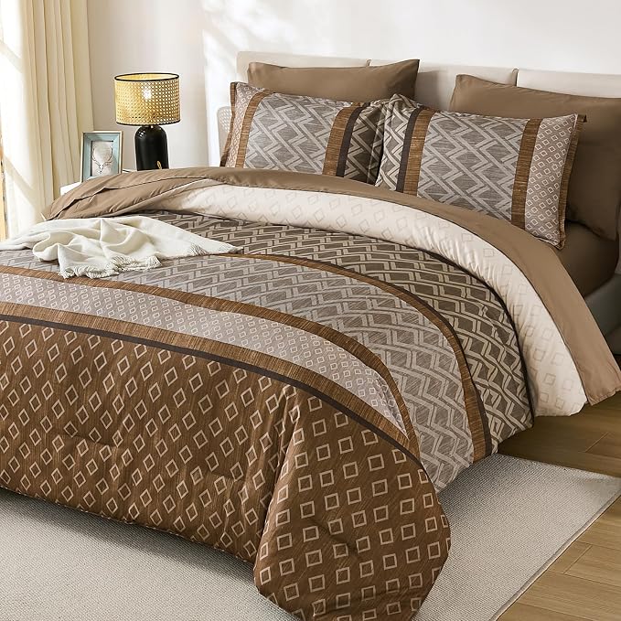 Cottolester Boho King Comforter Set,Khaki and Brown Striped Bed in a Bag | Fall Plaid Bed Set,Soft Microfiber Complete Bedding Sets