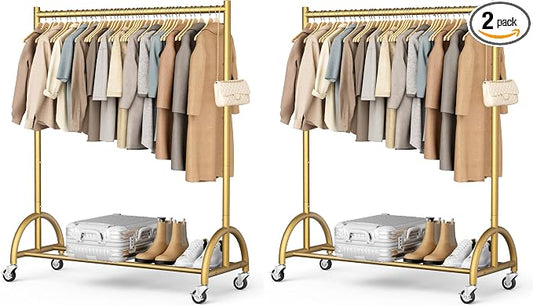 MISSLO Heavy Duty Clothing Rack with Wheels Rolling Clothes Racks for Hanging Clothes, Coats, Garment, Dress, Gold (Pack of 2)