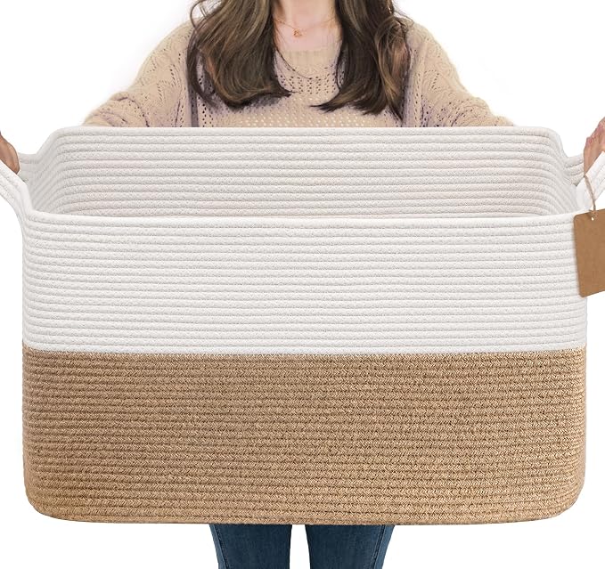 Goodpick 75L Extra Large Woven Rope Blanket Basket, Rectangle, Jute | 22" × 17" × 12" Decorative Storage Basket for Pillows, Toys & Daily Essentials, Fits Living Room, Bedroom & Home Decor