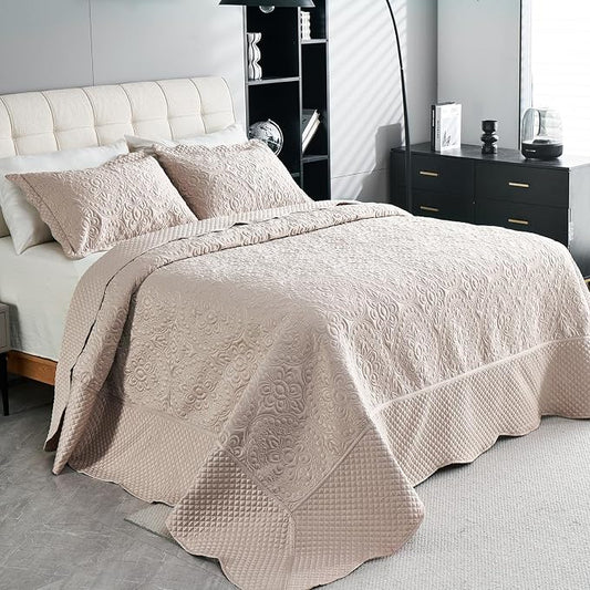 Cmfshape Floral Embroidery Quilt Set,3 Pieces King Quilt Bedding Set,Lightweight Soft Quilt Set for All Seasons,Reversible Bedspread Coverlet(Champagne,106"x96")