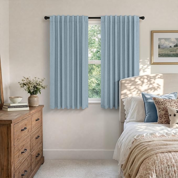 Dusty Blue Blackout Curtains for Nursery 54 Inch Length 2 Panel Chic Linen Look Short Thick Privacy Lightweight Grey Blue Light Blocking Room Darkening Curtain for Kids Bedroom Back Tab Pocket 54 Long