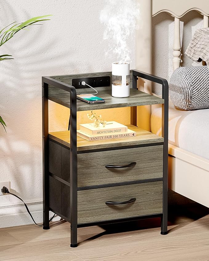 Lazzanto Nightstand with Rear Charging Station, LED Light, 2 Drawers, Grey | Industrial Nightstand, 2 USB-A Ports & AC Outlets, Raised Back Guard, Fabric Storage Drawers, Bedside Table for Bedroom, Dorm