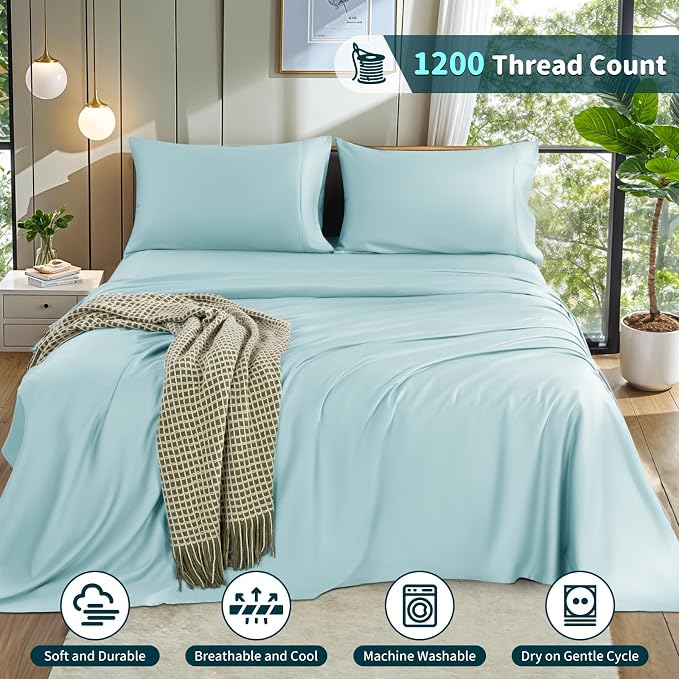 LBRO2M 100% Egyptian Cotton Sheets 1200 TC, Deep Pocket 16", 4Pcs, Queen | Long Staple Cotton Bed Sheets, Extra Soft and Breathable Sheets, Cozy for All Seasons, Soft Blue