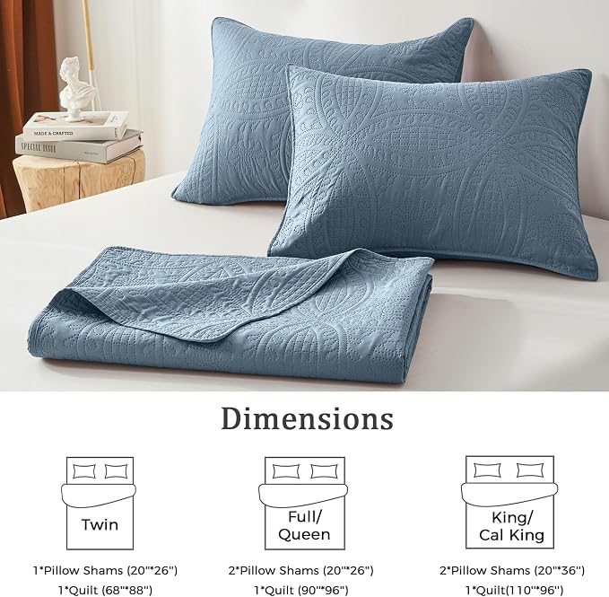 akkialla Dusty Blue Full/Queen Quilt Set,Ultrasonic Lightweight Bedspread Coverlet for Modern Minimalist Bedroom,Soft Microfiber Coin Pattern Bedding,3-Piece (1 Quilt,2 Pillow Shams)