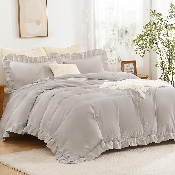 Andency Linen Ruffle Duvet Cover King, Shabby Chic Farmhouse Bedding Set | 3 Pieces Soft Washed Polyester Vintage Ruffled Comforter Cover Set with Zipper Closure & Corner Ties, 104x90Inch