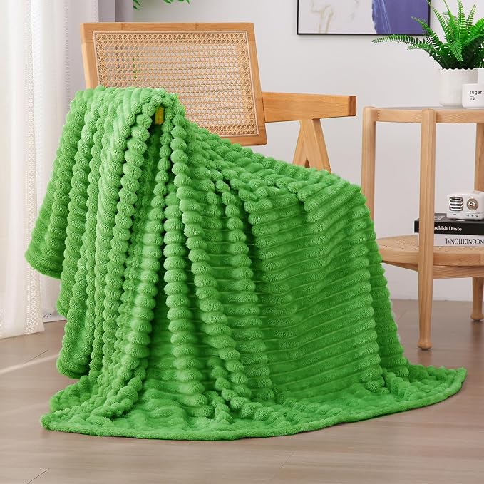 Bright Green Fleece Throw Blanket 50”×60” for Couch Sofa Livingroom | Super Soft Cozy Plush Microfiber Flannel Bed Blanket Striped Design Lightweight Home Decor Gifts for Adults Mom Women
