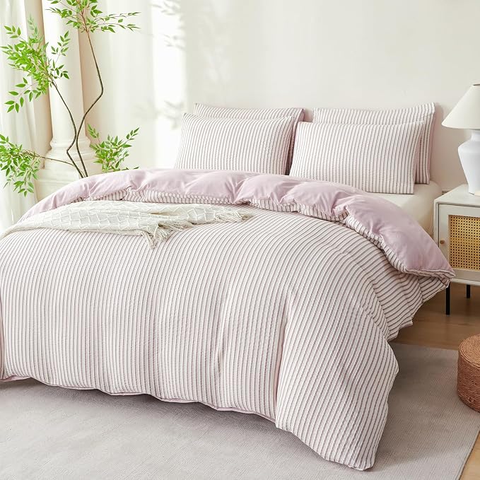 King Size Comforter Set Striped Light Purple Soft Luxury Washed Microfiber Jacquard 3 Pieces Bedding Purple Vertical Ticking Stripes Comforter with 2 Pillowcases Breathable Durable Comfy