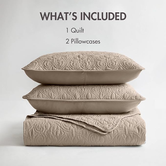 Madison Park Luxurious Cotton Damask Quilt Set, 3PC King/Cal King Bed Set | All Season, Lightweight Stitching Coverlet Bedspread Bedding Stitching with Shams, Dusty Pale Khaki