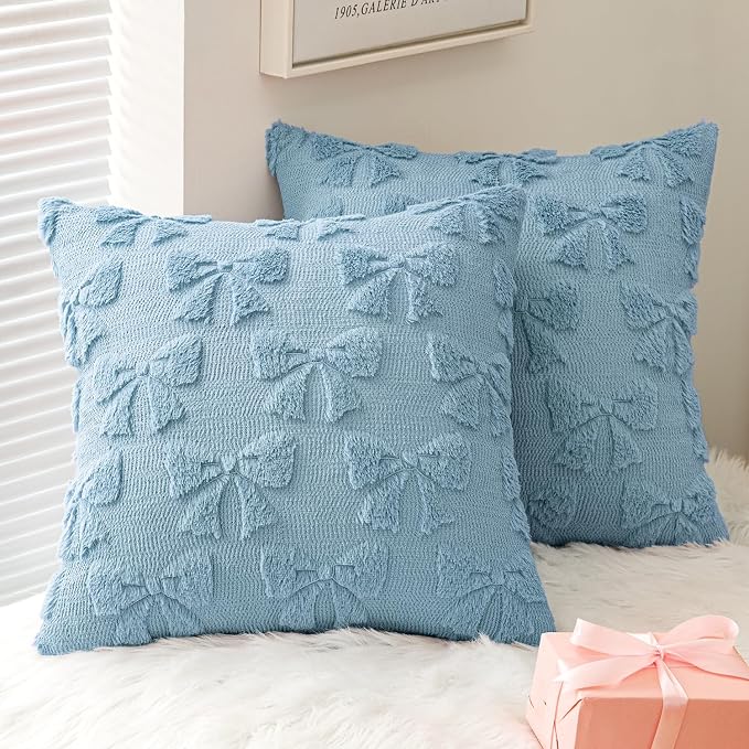 MIULEE Blue Bow Pillow Covers Coquette Room Decor 20x20 | Aesthetic Decorative Cute Girl,Set of 2 Cushion Covers,Soft Plush Faux Pillowcases,Preppy Room Decor Bedroom Couch