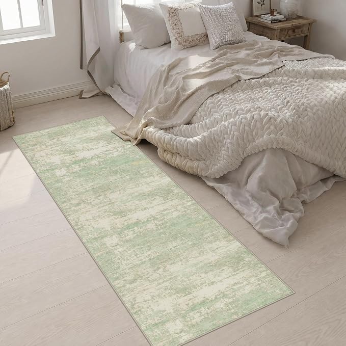 2.6x8 Washable Runner Rug：Modern Abstract Soft Carpet Green Cream | For Hallway, Bedroom, Kitchen, Laundry, Bathroom,Door Mat,Modern Abstract,Machine washable,Non-Slip,Stain Resistant,Indoor