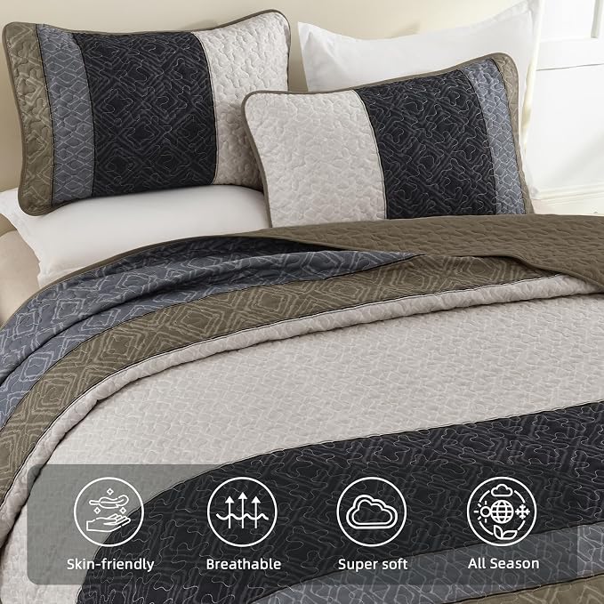 Cottolester Boho Quilt Set King,Black Taupe Striped Plaid Coverlet Set | Lightweight Bedspreads with 2 Pillow Shams,Soft Microfiber,All Season Bed Coverlets for Bedroom Guest Room 110"x90"