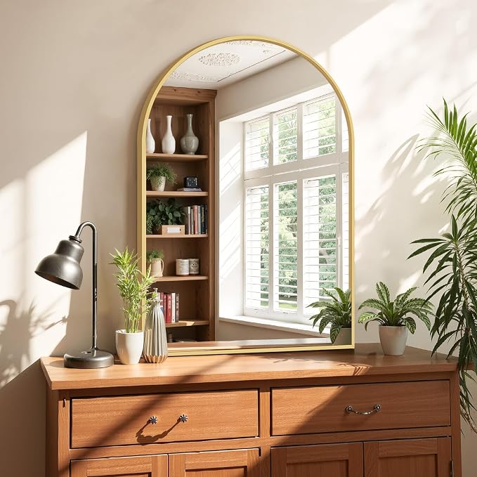 Bathroom Mirror for Wall, 30x20 Inch Arched Mirror, Matte Gold Metal Framed Bathroom Vanity Mirrors for Restroom Farmhouse, Anti-Rust, Tempered Glass, Hanging or Leaning
