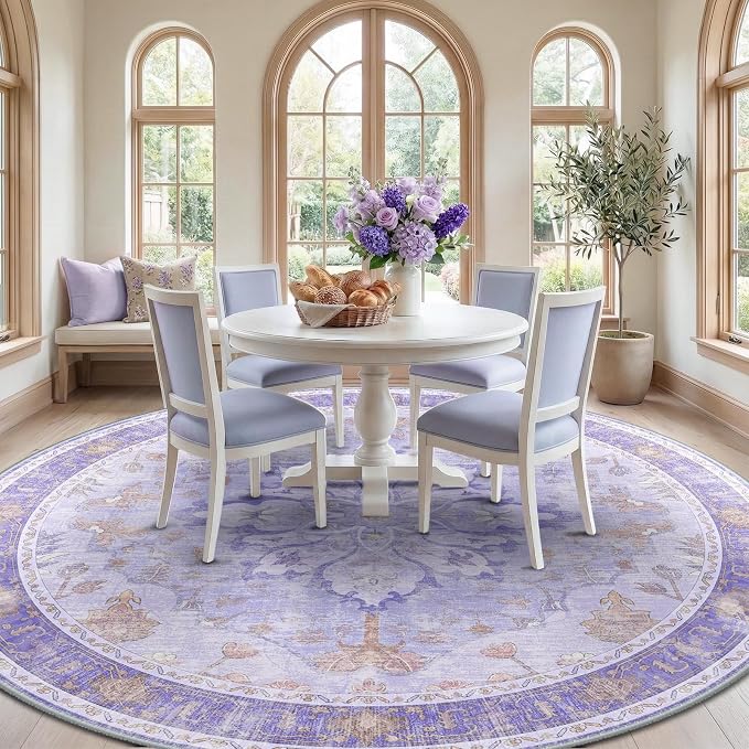 RELEANY Washable Area Rug, Round 8ft, Purple | Non-Slip, Water Repellent, Pet Friendly, Easy to Clean, Vintage Floral Boho Decor for Living Room Bedroom Dining Room