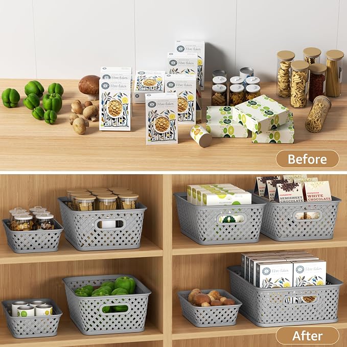 MaxGear 3 Pack Plastic Storage Baskets, Medium, Grey | Durable Woven Plastic with Built-In Handles, Suitable for Shelves, Closets, Cabinets, Bathrooms and Offices