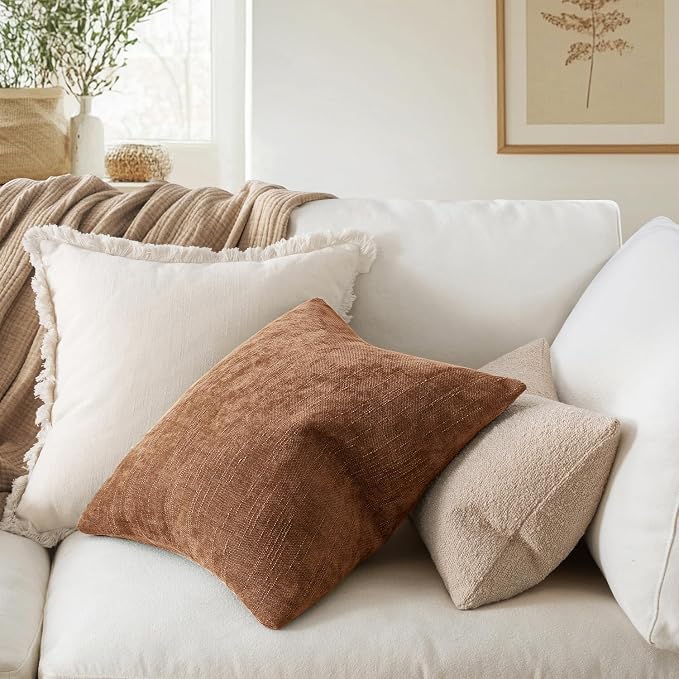 MIULEE Textured Chenille Throw Pillow Covers 20x20 Inch Pecan Brown | Pack of 2 Decorative Soft Throw Pillows, Solid Textured Cushion Covers, Modern Home Decor for Couch Sofa Bedroom Living Room