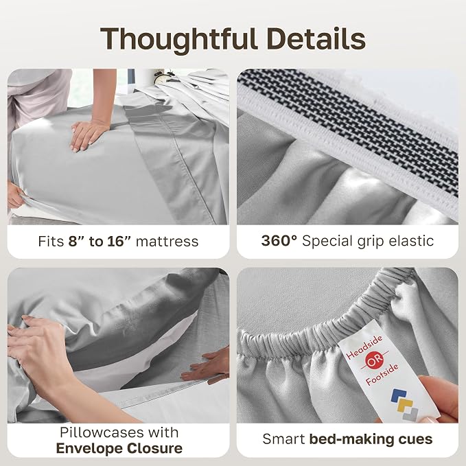 California Design Den 100% Egyptian Cotton Queen Size Sheets, Light Grey | Backed by Good Housekeeping Seal, Light & Airy Soft Sateen, 16" Deep Pocket, All-Around Elastic, Durable, Easy Care 4pc Set