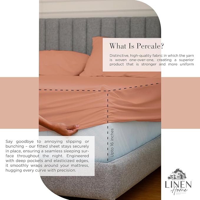 Linen Home 100% Cotton Percale Sheets Twin XL Size, Tera Clay, Deep Pocket, 3 Pieces Set- 1 Flat, 1 Fitted and 1 Pillowcase, Crisp Cool and Long Staple Strong Bed Linen