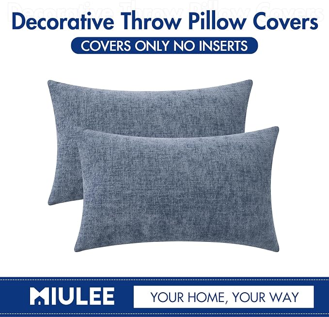 MIULEE Chenille Lumbar Throw Pillow Covers Dark Grey Blue 12x20 Pack of 2 | Soft Modern Coastal Decor, Classic Decorative Pillows, Solid Dyed Cases, Boho Couch Cushion Covers for Sofa Bed Living Room