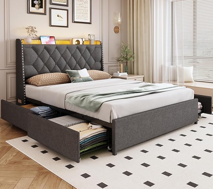 Full Size Bed Frame with 4 Drawers and Storage Headboard, Upholstered Button Linen Platform Full Bed with Led Lights and Handy Charging Station, No Box Spring Needed, Easy Assembly, Noise Free, Gray