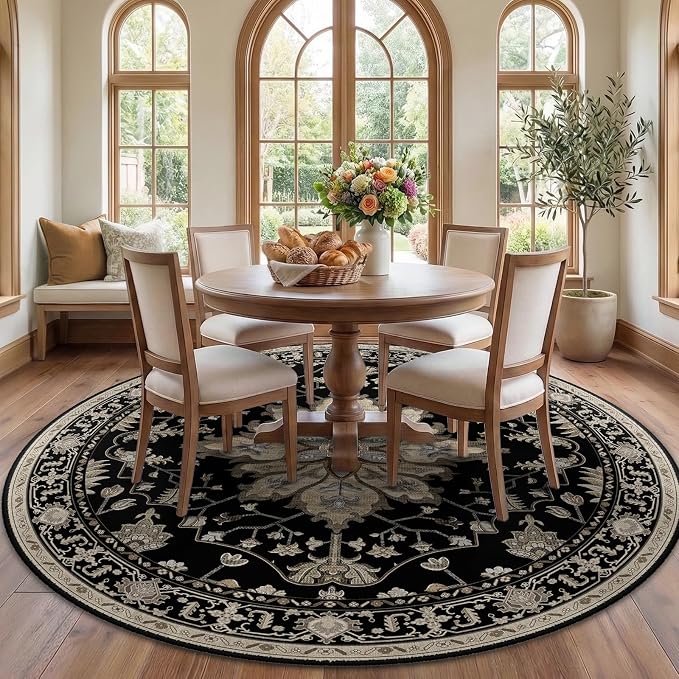 RELEANY Washable Area Rug, Round 7ft, Black/Neutral | Non-Slip, Water Repellent, Pet Friendly, Easy to Clean, Vintage Floral Boho Decor for Living Room Bedroom Dining Room