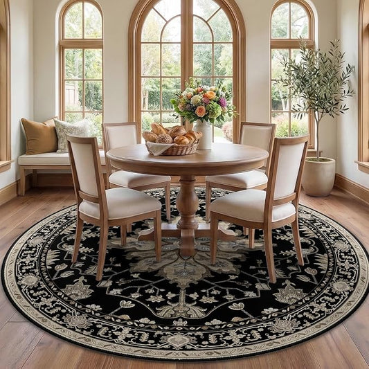RELEANY Washable Area Rug, Round 7ft, Black/Neutral | Non-Slip, Water Repellent, Pet Friendly, Easy to Clean, Vintage Floral Boho Decor for Living Room Bedroom Dining Room