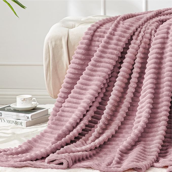 BEDELITE 3D Ribbed Berry Purple Fleece Throw Blanket for Couch, 50x60 Inch | Soft Warm Decorative Fluffy Blanket, Cozy Plush Lightweight Fuzzy Throw Blanket for Bed Sofa Home Room Decor, Gift for Women