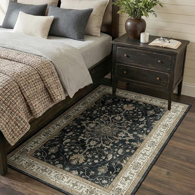 RELEANY Washable Area Rug, 3'x5', Black/Vintage/Beige | Non-Slip, Water Repellent, Pet Friendly, Easy to Clean, Vintage Floral Boho Decor for Living Room Bedroom Beside Kitchen