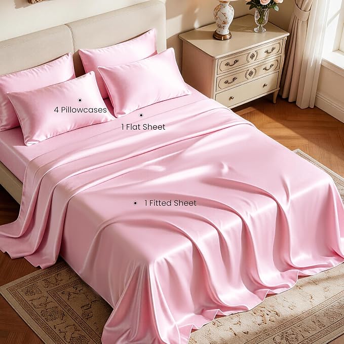 Love's cabin Satin Queen Sheets Set - 6 Piece Pink Silky Bed Sheets Set with Deep Pocket, Luxury Silk Feel Satin Queen Size Sheet Set (1 Flat Sheet, 1 Fitted Sheet, 4 Pillow Cases)