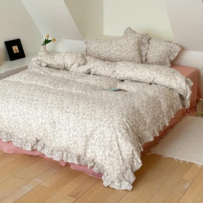 Rabbit Duvet Cover Full Size Kids Duvet Cover 79"x90" Muslin Cotton Quilt Cover with Chic Ruffles, Girls Comforter Cover with Zipper Closure, Machine Wash, All Seasons